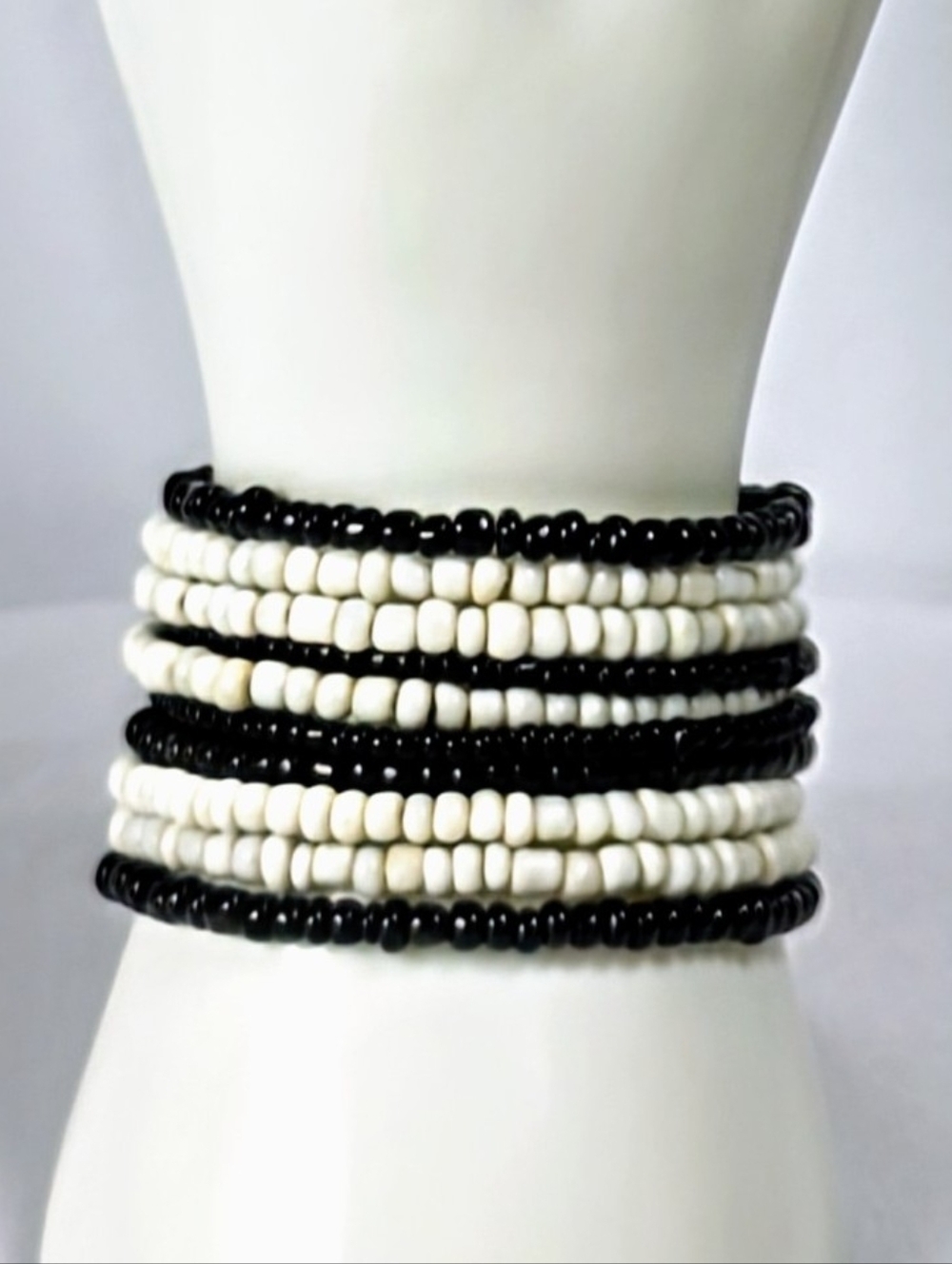 Black White Beaded Stretch Cuff Bracelet Boho Layered Stack